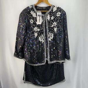 Vintage Jewel Queen 3 PC Silk Beaded Sequin Skirt Set Jacket Top‎ XL NWT